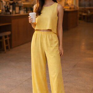 Two Piece Yellow Pants and Top Wide Leg Size Large NEW